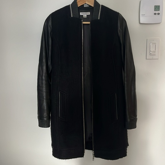 LAMARQUE black bouclé wool and leather coat, size XS - Picture 4 of 10